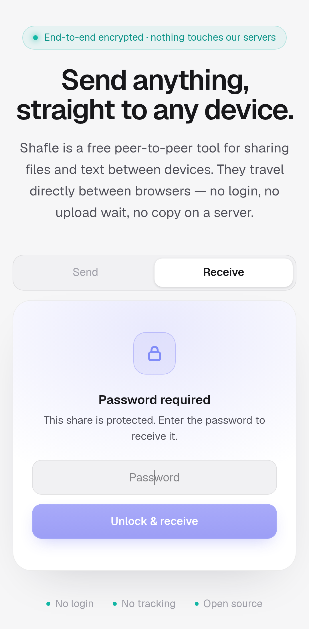 Shafle receiver screen asking for the password before the transfer starts