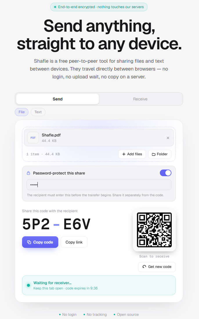 Shafle send screen with the 'Password-protect this share' toggle switched on