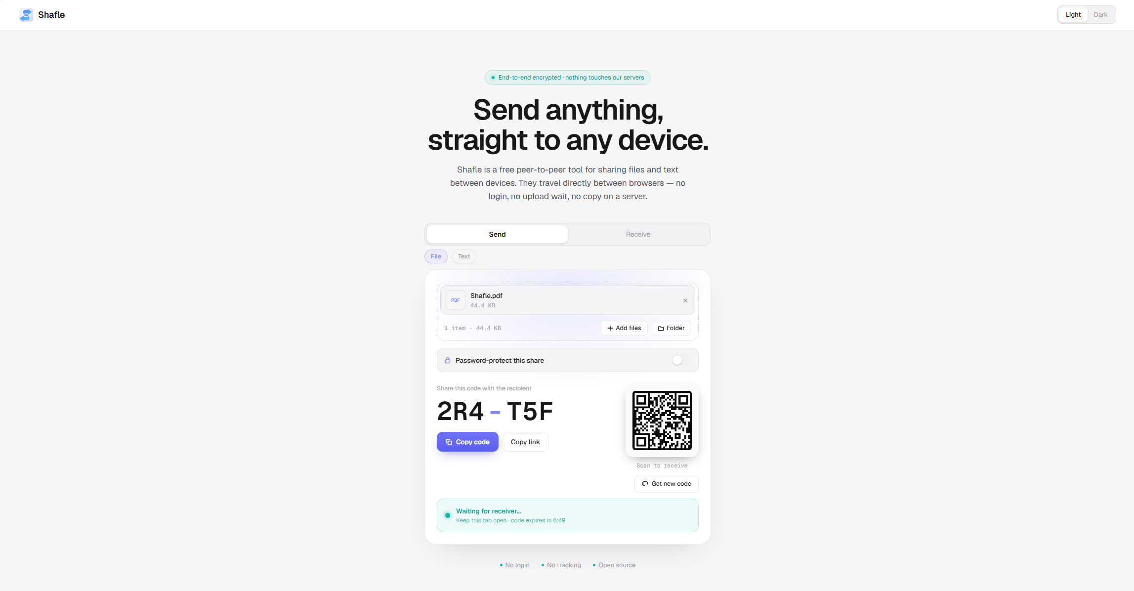 Shafle send screen with a file selected, showing the share code and QR code