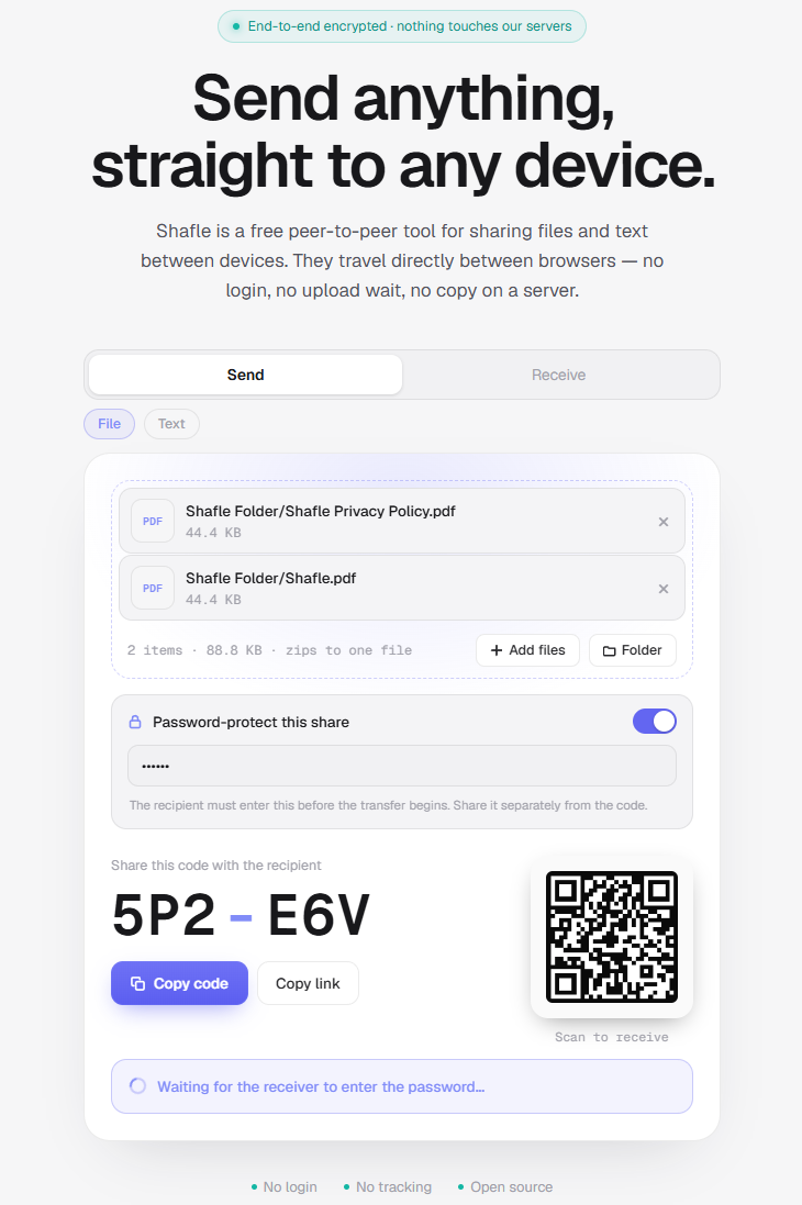 Shafle send screen listing a folder's files, ready to zip into one download